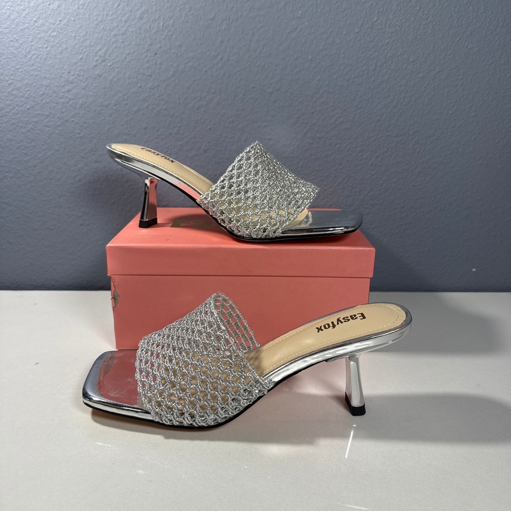 Easyfox Silver Braided Mesh Square Toe Kitten Heel Sandals EF-S25119 Mens 7.5